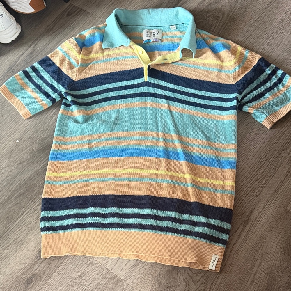 Scotch & Soda Mint, Navy & Tan Striped Knit Polo